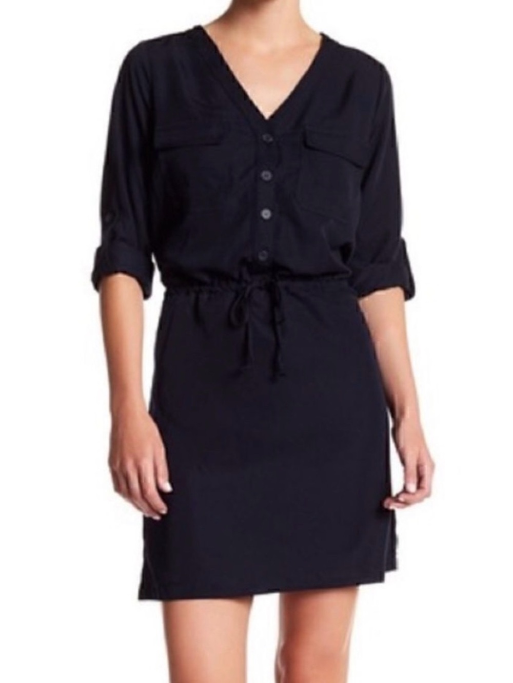 Max Studio V-Neck Drawstring Shirt Dress - Black